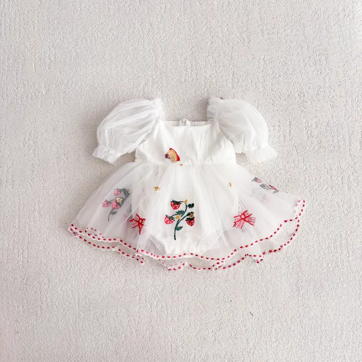 Vestido De Princesa Para Bebé Verano Con Manga Puff Y Gran Lazo Bordado De Fresa Falda Enredadera Para Niñas Ropa De Salir - 1