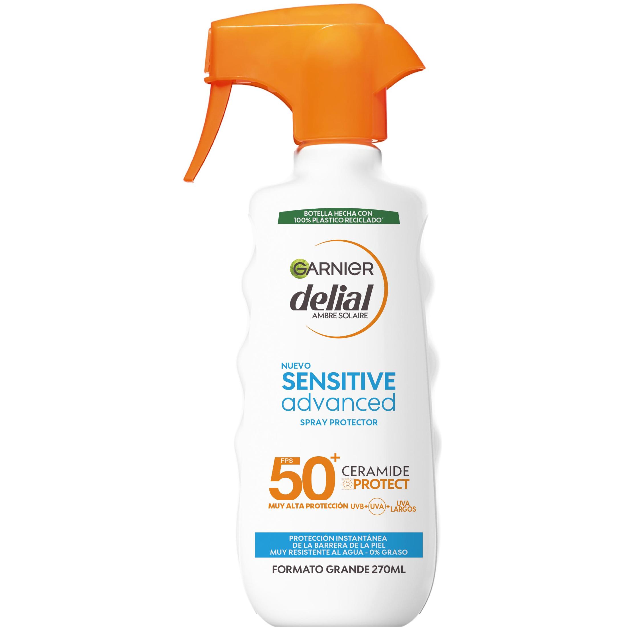 Garnier Delial Spray Protector Sensitive Advanced Adultos crema solar para pieles claras, sensibles e intolerantes al sol IP50+. Muy resistente al agua, 0% graso, 0% pegajoso  - 270 ML