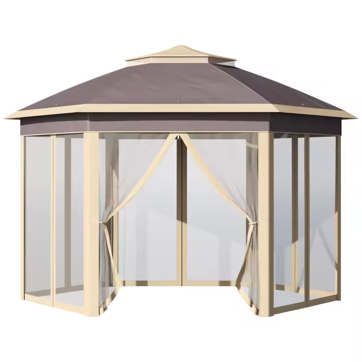 Outsunny Carpa Plegable 4,05x3,4x2,85 m Cenador de Jardín Hexagonal con Doble Techo 6 Mosquiteras Desmontables Bolsa de Transporte Altura Ajustable en 3 Niveles y Anti-UV para Fiesta Patio Beige - 1