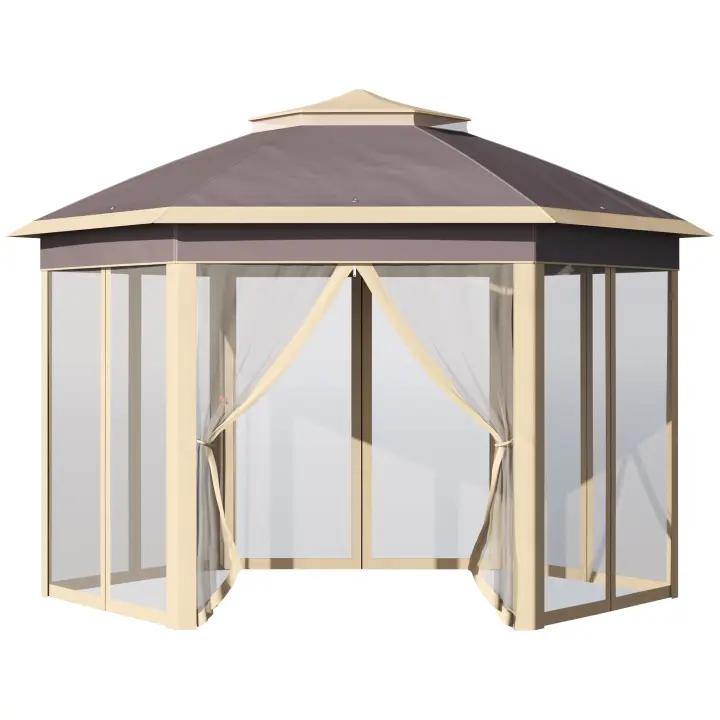 Outsunny Carpa Plegable 4,05x3,4x2,85 m Cenador de Jardín Hexagonal con Doble Techo 6 Mosquiteras Desmontables Bolsa de Transporte Altura Ajustable en 3 Niveles y Anti-UV para Fiesta Patio Beige - 1
