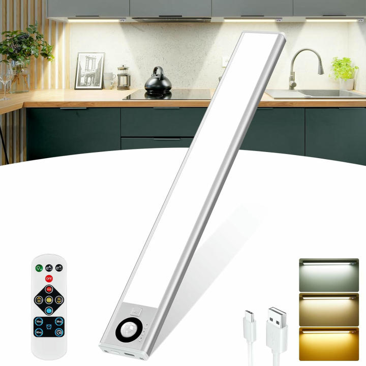 LED Bajo Armario Cocina con Mando a Distancia, 72 LED Iluminación de Armario con Detector de Movimiento, 3000mAh USB-C Recargable, 3000K/4000K/6000K Regulable, 30cm Tira de LED para Armario, 1pcs