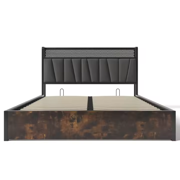 Cama tapizada Cama de metal Cama de matrimonio controlada por App LED con Carga Función de carga USB Cabecero e iluminación LED, Cama de metal 140x200 cm Somier de láminas de Madera, gris (con colchón) - 1