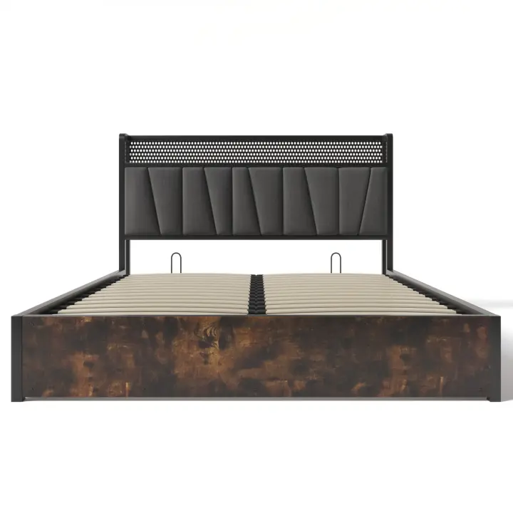 Cama tapizada Cama de metal Cama de matrimonio controlada por App LED con Carga Función de carga USB Cabecero e iluminación LED, Cama de metal 140x200 cm Somier de láminas de Madera, gris (con colchón) - 1