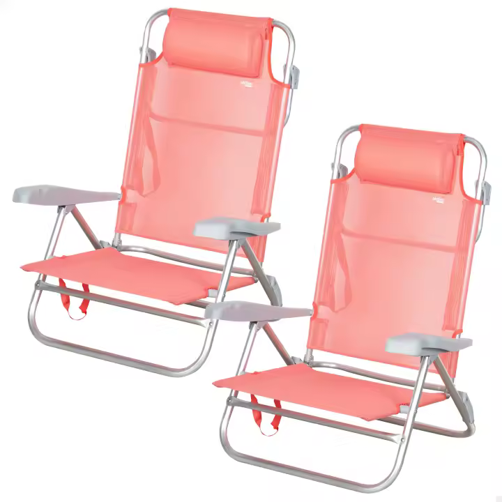 Aktive – Pack de 2 sillas de playa plegables, con respaldo reclinable 7 posiciones, convertibles en tumbona, tamaño 47x49x82 cm, de aluminio y textileno, con cojín acolchado y asas de mano para transportar, estructura plegable, máx. 110 kg, multiposición - 1