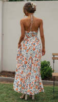 Vestido Maxi Bohemio De Verano Para Mujer En Chiffon Floral Sin Mangas Cuello En V A-Line Largo Con Espalda Descubierta Y Volante - details 15