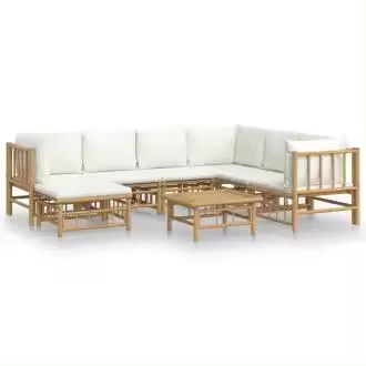 VIDAXL set de sofás y reposapiés para jardín de 8 piezas fabricado en bambú con cojines de color blanco vida xl - 1