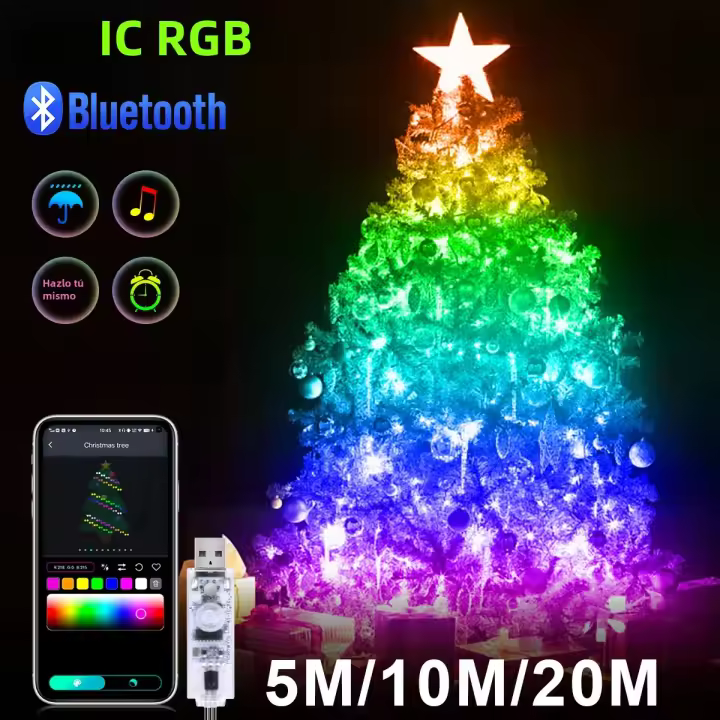 Tira De Luces LED RGBIC Bluetooth 5V 5M/10M/20M Para Fiesta Y Decoración De Fiestas Con Control Por App Color Síntesis Musical IP65 Impermeable - 1