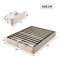 Cama tapizada 140x200 cm beige sin cabecero, estructura de plataforma con somier y 2 cajones de almacenamiento - details 1