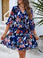 Vestido A-Line De Pierna Larga Para Mujer Con Estampado Floral Elegante Cuello V Manga Corta Estilo Casual Vestido De Verano Primavera - details 25