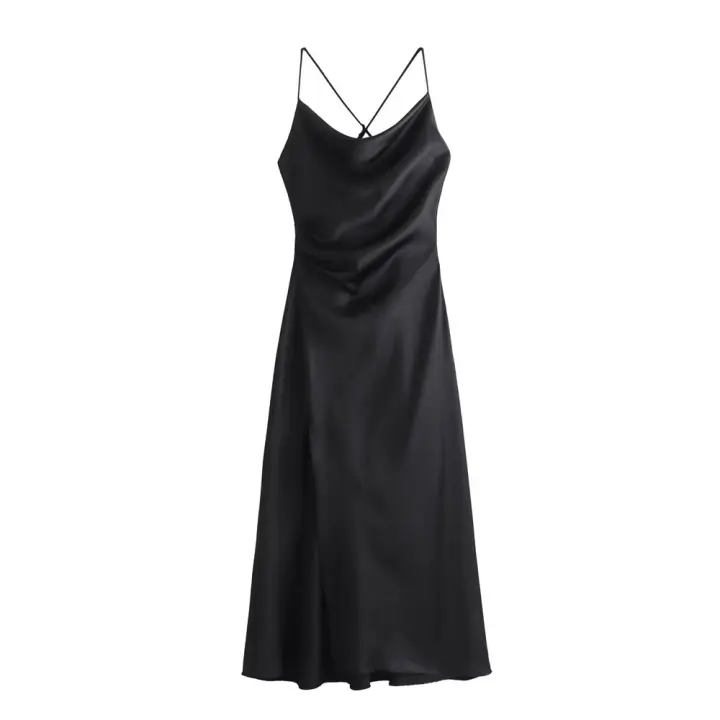 Vestido Midi De Satén Textura Con Cuello Descubierto Y Tirantes Spaghetti Para Primavera/Verano 2024 Estilo Europeo Y Americano Draped - 1