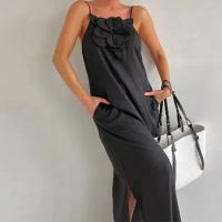 Vestido Elegante De Verano Con Flores 3D Y Manga Larga De Algodón Y Hémpa Estilo De Vacaciones Sin Mangas Cintura Alta Rotura Top Equipo - details 4