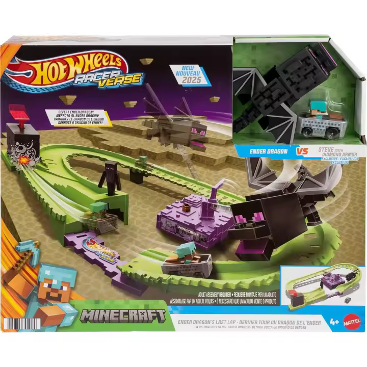 Hot Wheels Pista RacerVerse Minecraft Playset con armadura de diamante de fundición a presión Steve en vehículo Minecart, lánzate y corre para derrotar a Ender Dragon (Mattel JFP34) - 1
