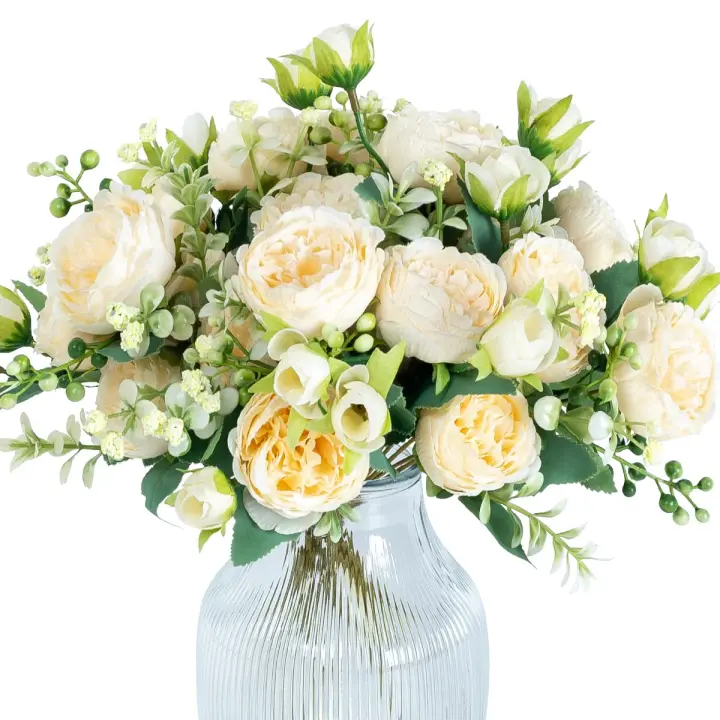 Set of 4 bouquets of artificial peonies for vase decoration, wedding, home decor (light pink) - 1