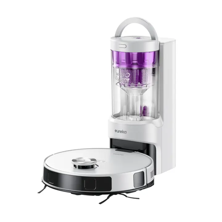 Eureka E20 Plus Aspiradora Robot de 8000 Pa, color blanco, con Estación de Vaciado Automático sin Bolsa, Robot Aspirador Friegasuelos Antienredos, Evitación de Obstáculos 3D, Autonomía de 180 Minutos, DuoDetect AI - Blanco - 1
