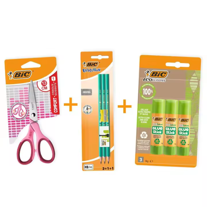 BIC Pack Escolar - 4 bolígrafos BIC Cristal de colores surtidos, 1 tijeras y 3 barras de pegamento - 1