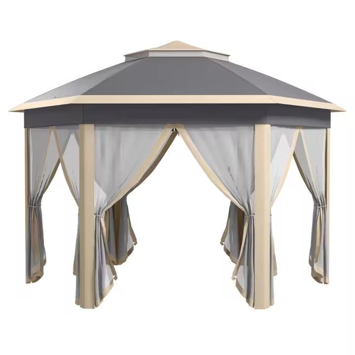 [Tienda de Jardín seleccionada]🎁] Hexagonal 4x4 m with Funda impermeable y UV, Doble Techo, rejillas de ventilatón, Bolsa de Transporte, poliéster beige Y CAFI - 1