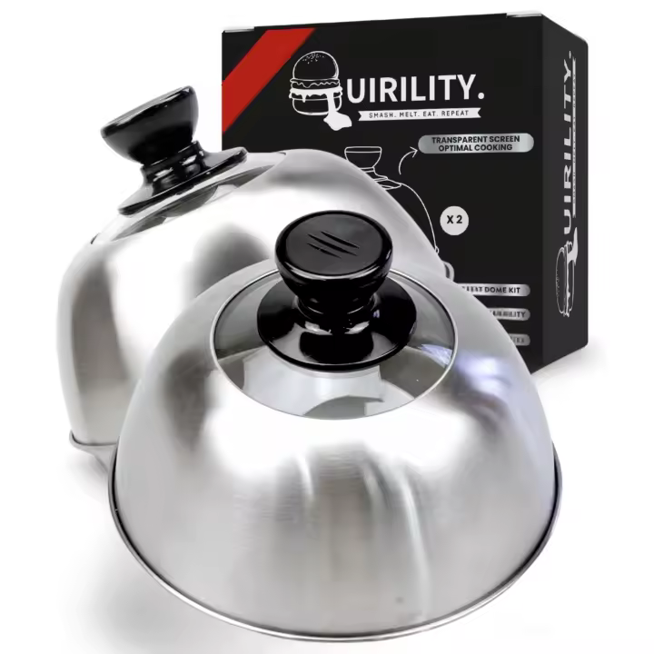QUIRILITY | Campana Para Hamburguesas De Acero Inoxidable 304. Set 2 Campanas Queso Derretido y Barbacoa con Ventana Transparente y Agarre Ergonómico Antiquemaduras. Complemento Ideal Smash Burger Kit - 1