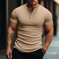 Camiseta De Hombre Estilo Moderno Con Rayas Cuello Henley Corta Transpirable Y Suave Para Ropa Casual De Verano - details 1