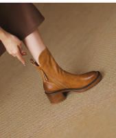 Botas Cortas De Cuero Para Mujer Otoño Invierno Con Tacón Chunky Cierre De Cremallera Botas De Tobillo Plataforma Modernas Talla Grande Confort Transpirables - details 12