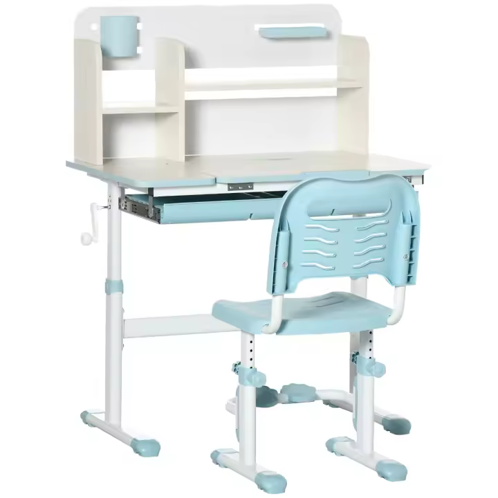 HOMCOM Juego de Escritorio y Silla para Niños de +3 Años con Altura Ajustable Pupitre Infantil con Tablero de Mesa Inclinable Cajón y Estantería para libros 80x52x88-109 cm y 35,5x44,5x66-80 cm - 1
