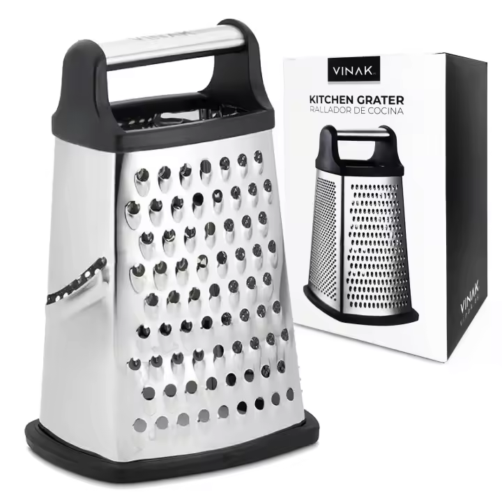 Rallador de cocina grande de acero inoxidable VINAK con 4 Caras: Ancho + Largo + Fino + Zester. Con asa ergonómica y base de goma antideslizante. - 1