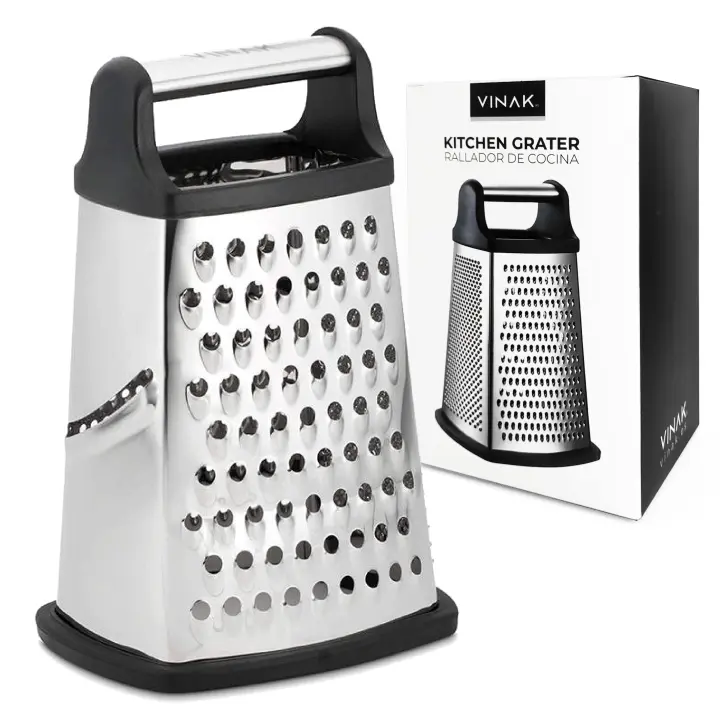 Rallador de cocina grande de acero inoxidable VINAK con 4 Caras: Ancho + Largo + Fino + Zester. Con asa ergonómica y base de goma antideslizante. - 1