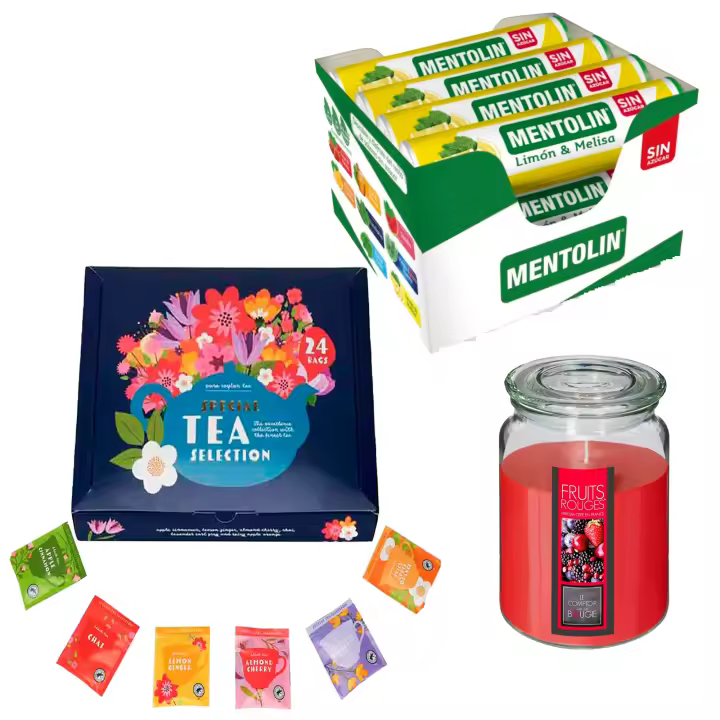 Pack Balsámico: MENTOLIN LIMON MEL S/A TUBO 12X20G + Vela perfumada de frutos rojos + Set de Te con 24 bolsitas con diferentes sabores y aromas - 1