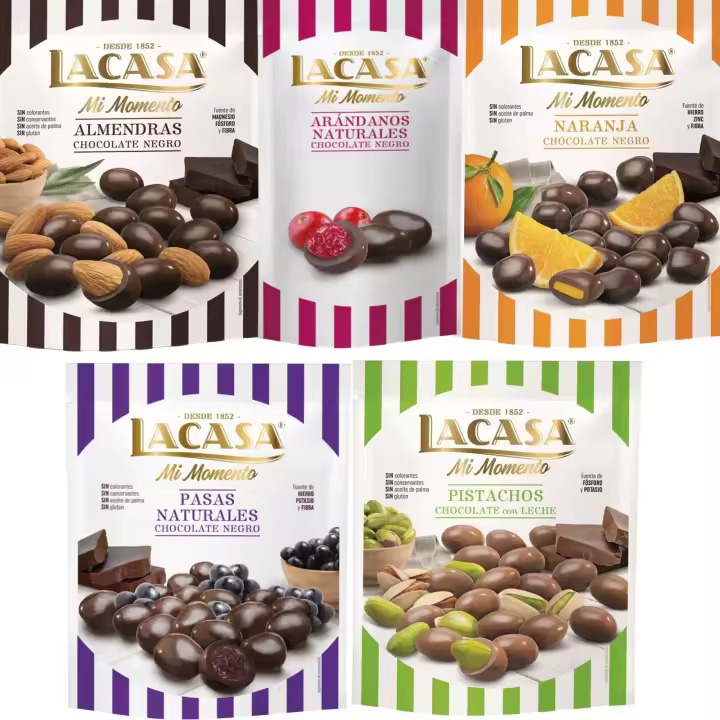 Lacasa Mi Momento pack de 5:Arándano choco Negro 60G,Pasas choco Negro 150G,Almendra choco Negro 125G,Naranja choco Negro 125G,Pistacho Leche 100G - 1