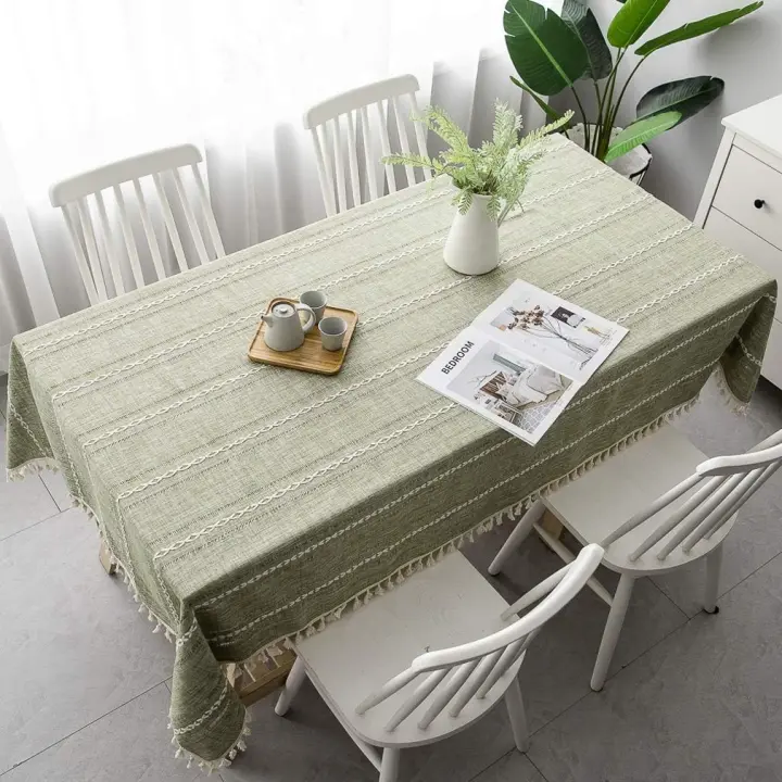Mantel cuadrado de lino y algodón con borlas, lavable, antiarrugas, para comedor, decoración de mesa de fiesta (verde, 55 x 55 pulgadas) - 1