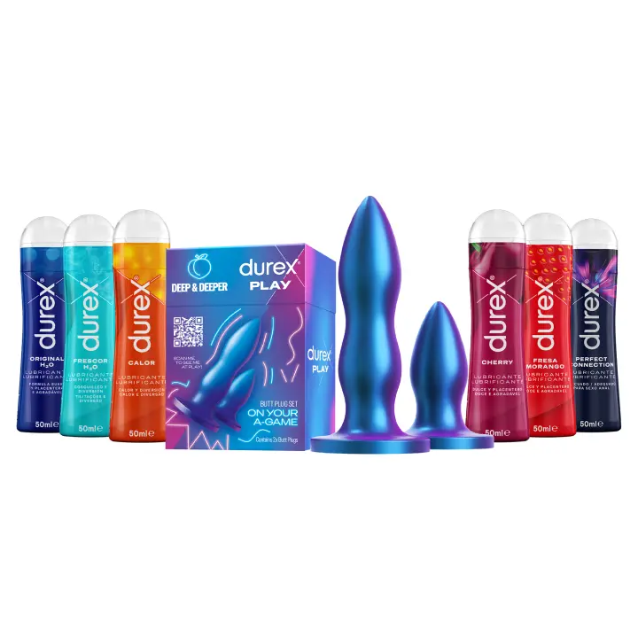 Durex Pack - Set de Plugs Anales DEEP & DEEPER, 2 tamaños distintos + Geles lubricantes Original h2o, Calor, Frescor, Fresa, Cherry y Perfect connection - 1