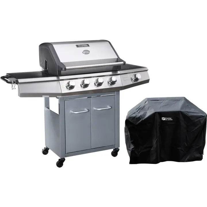 Barbacoa a gas con LED "Bingo 5" - 5 quemadores donde 1 es lateral - 15.2kW + Funda de protección - Plateado - 1