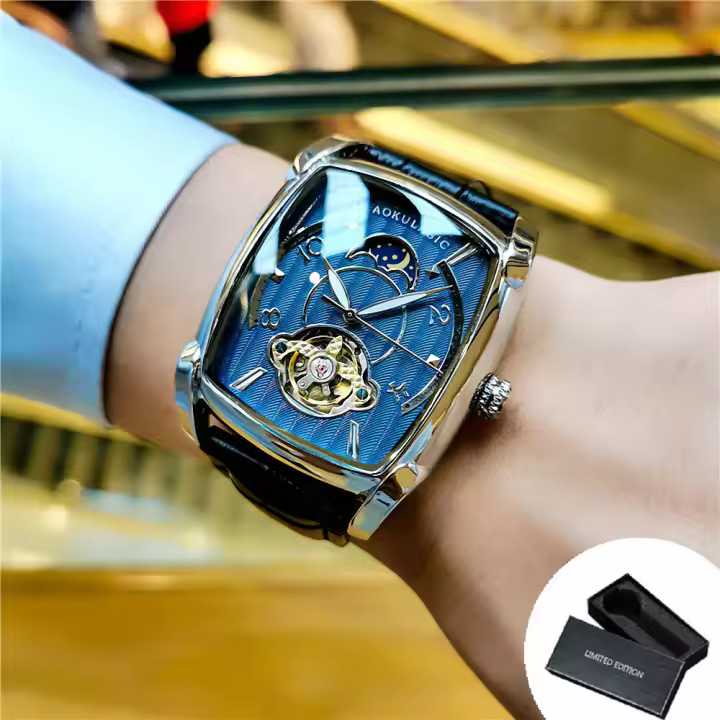 Reloj De Pulsera Mecánico De Lujo Para Hombres Con Fase De La Luna Y Tourbillon Cuarzo Skeleton Automático Manos Luminosas Correa De Cuero Tonneau Resistantes Al Choque Y Agua - 1