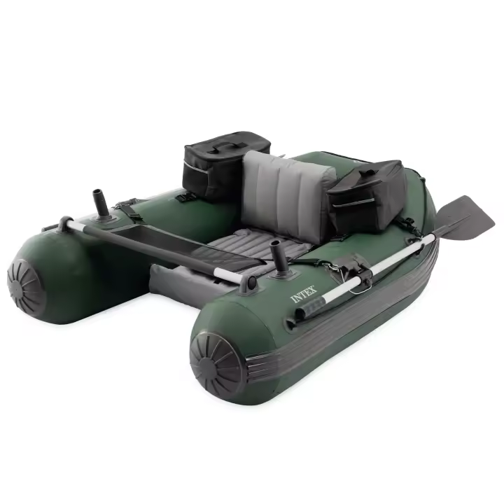 INTEX - Pato de pesca hinchable Big Catch Pro, 165x120x38 cm, material Super-Tough resistente y duradero, soporta 140 kg, incluye remos, hinchador, mochila, soportes de caña desmontables y 2 bolsas de almacenamiento - 1