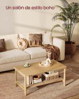 Mesa de centro Boho de 2 niveles con estante ratán, Esquinas redondeadas, Beige roble - details 2