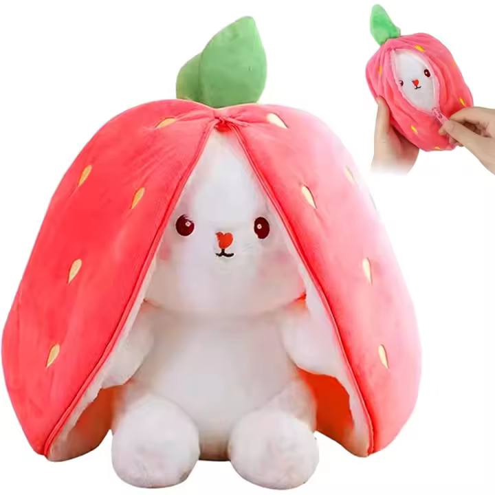 Peluche suave de 25 cm con forma de zanahoria y fresa, bonitos animales de peluche para esconder y buscar, conejo, juguetes para regalo de cumpleaños (rosa) - 1
