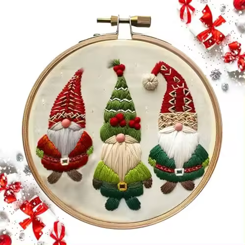 Kit de bordado navideño con bastidor de bordado, kits de bordado navideño para adultos, kit de bordado para principiantes, kits de bordado navideño con patrón, agujas e hilos - 1