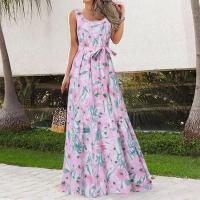 Vestido Largo Impreso Sin Mangas Para Mujer Elegante De Verano Primavera Con Cinturón Estilo Casual Playa Vacaciones - details 2