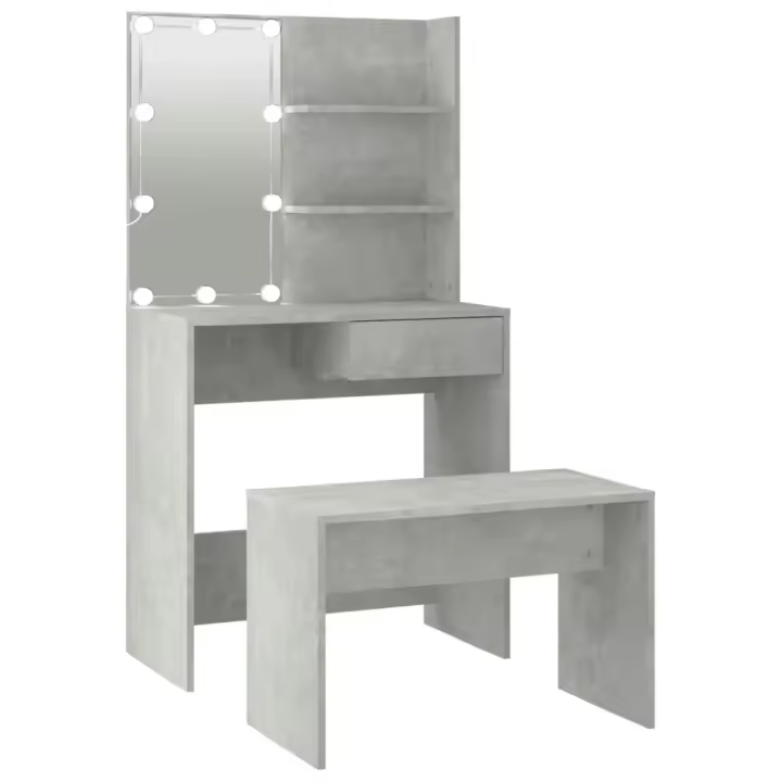 vidaXL JUEGO DE TOCADOR CON LED MADERA CONTRACHAPADA GRIS HORMIGÓN - 1