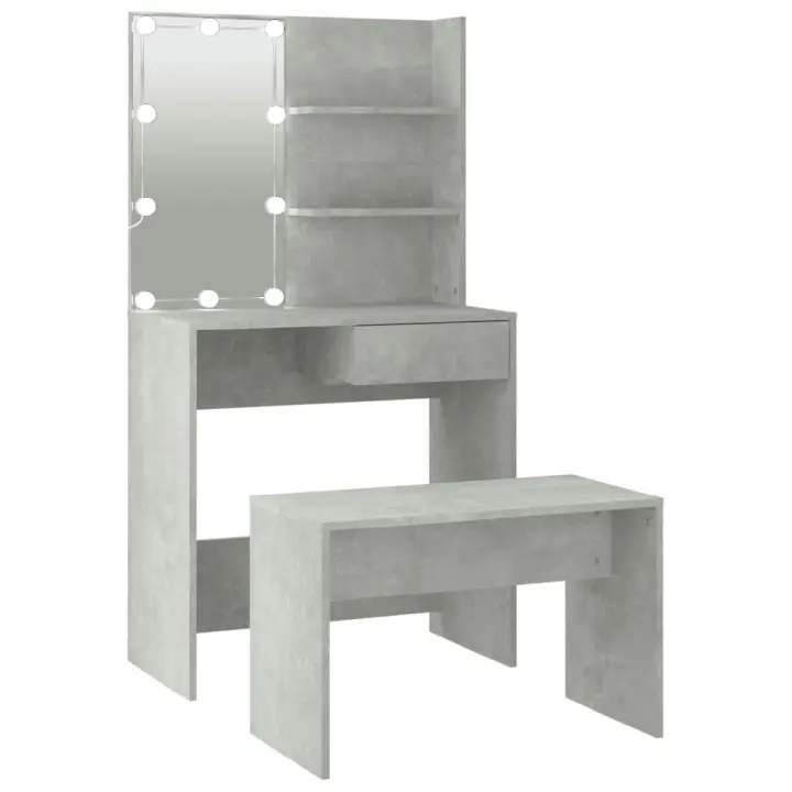 vidaXL JUEGO DE TOCADOR CON LED MADERA CONTRACHAPADA GRIS HORMIGÓN - 1