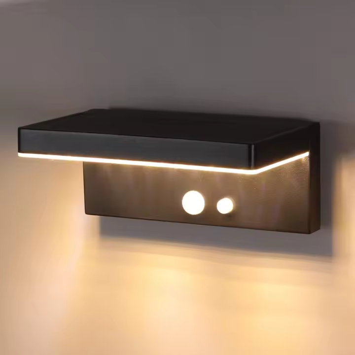 Lámpara solar de exterior con sensor de Movimiento, 3 Modos, LED de pared, impermeable, IP44, Luz Blanca Cálida, para Jardín, patio, Puerta de entrada, Aluminio, Color Negro - 1