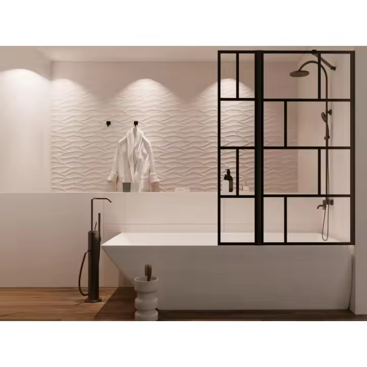 Vente-unique - Mampara para bañera negro mate de estilo industrial con hoja pivotante - 100 x 140 cm - OBELINI - 1