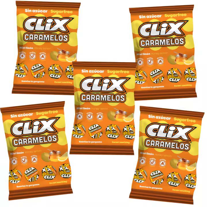Clix Caramelos - Pack de 5 bolsas de 20 caramelos - Caramelos sin azúcar, sin gluten, sin lactosa - sabor a miel y limón - 1