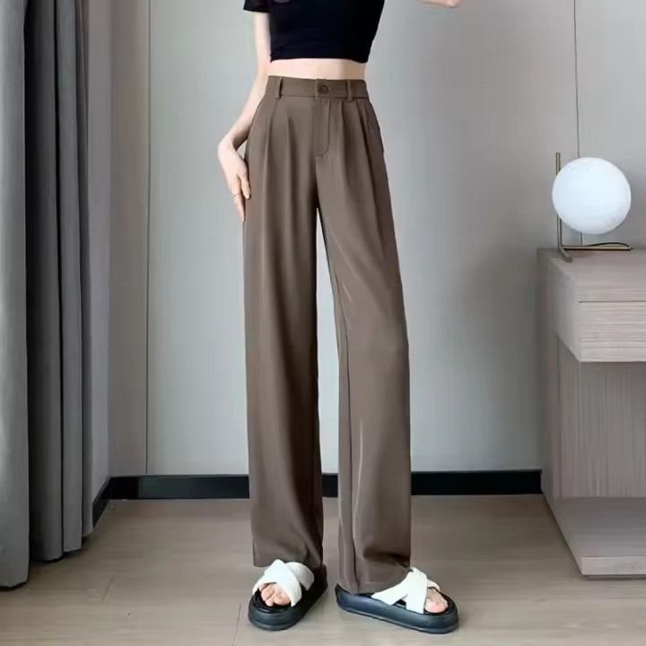 Pantalones De Sastre Para Mujer Cintura Alta Manga Larga Color Sólido Estilo Clásico Para Oficina Pantalones Rectos Y Anchos Basicos - 1