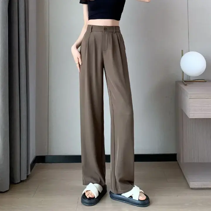 Pantalones De Sastre Para Mujer Cintura Alta Manga Larga Color Sólido Estilo Clásico Para Oficina Pantalones Rectos Y Anchos Basicos - 1