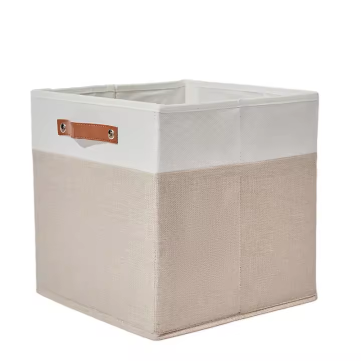 Caja de almacenamiento plegable, cesta de almacenamiento Tejida de Lino, Organizador de armarario con Asas de cuero (CAFI Claro) - 1