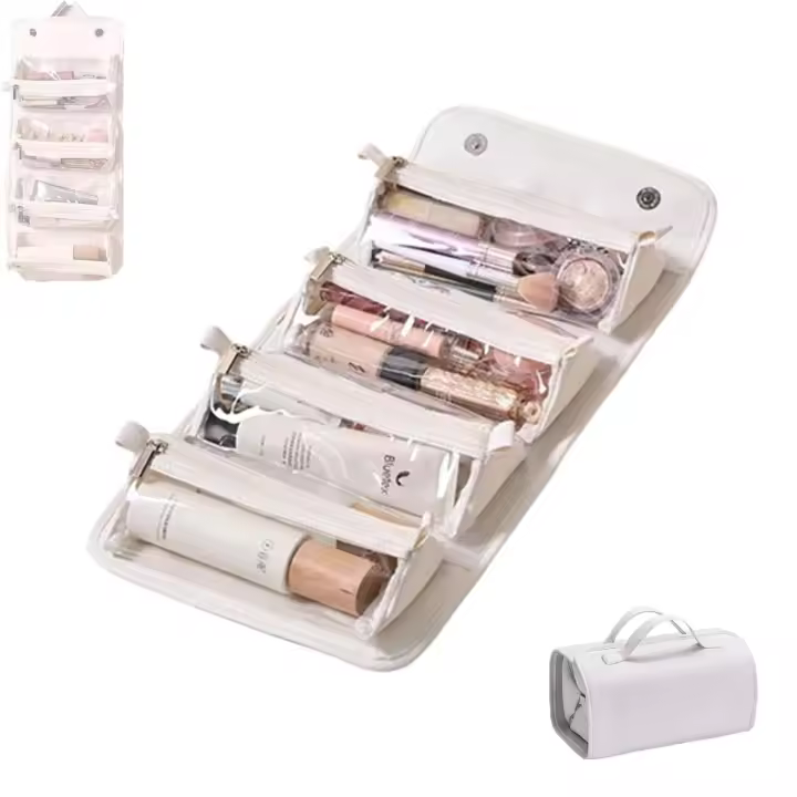 Neceser de viaje impermeable con 4 compartimentos transparentes desmontables, neceser de piel impermeable desmontable 4 en 1, neceser enrollable para maquillaje - 1