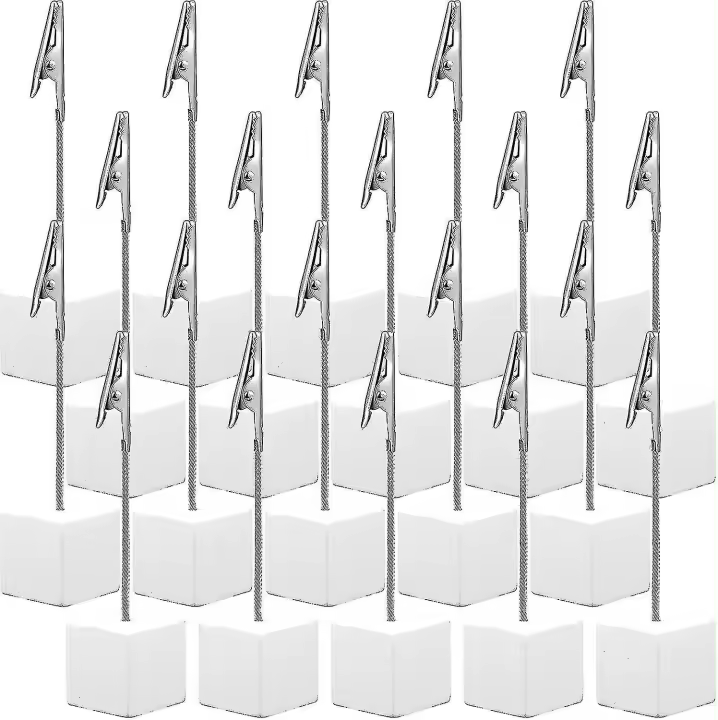 20 piezas de soporte para tarjetas de lugar, soporte para fotos en forma de cubo con pinza de cocodrilo, base de madera, soporte para números de mesa, soportes de exhibición para tarjetas, menús de oficina y bodas. - 1