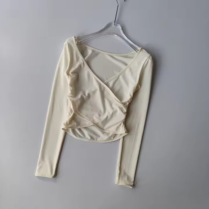 Camiseta Deportiva De Hombros Con Cuello V Malla Transpirable Prati Yoga Ropa De Entrenamiento Fitness Para Correr Top De Manga Larga Para Mujer - 1