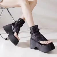 Sandalias De Verano Para Mujer Con Tacón Ancho Plataforma Cuña Cordones De Cuero Genuino Estilo Gladiador Con Corte Y Banda Delgada Botas De Tobillo Con Cordones De Anclaje - details 6