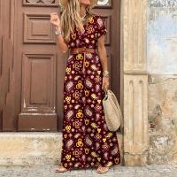 Vestido Bohemio De Verano Para Mujer Con Cuello En V Y Manga Corta Estilo Floral Casual Largo Hasta La Rodilla Con Cinturón - details 2